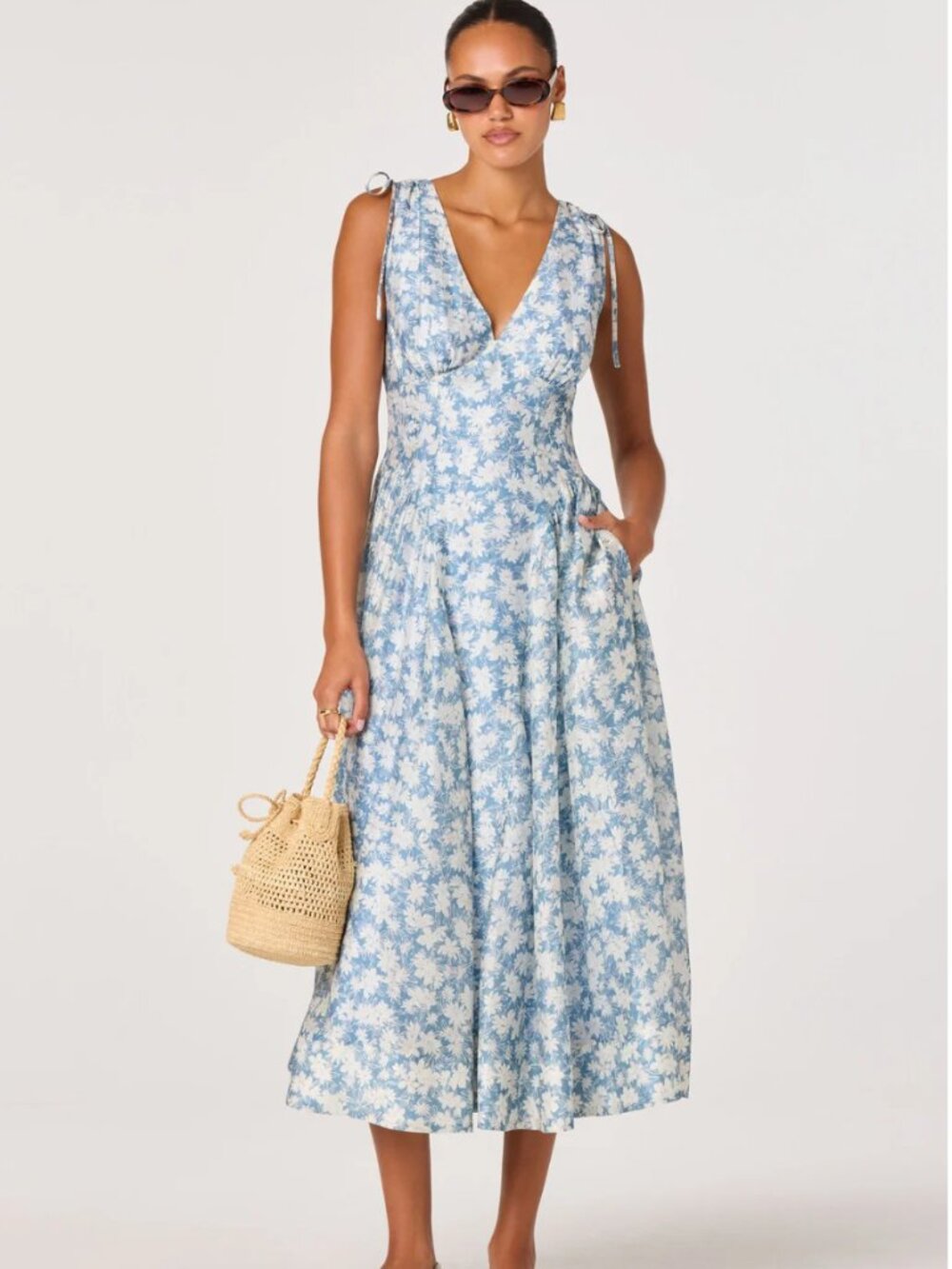 NWT Anthropologie Sky Blue Floral V-Neck Midi Dress